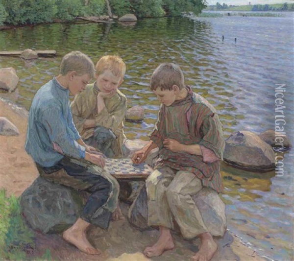 On The Bank Of The Lake Oil Painting - Nikolai Petrovich Bogdanov-Bel'sky