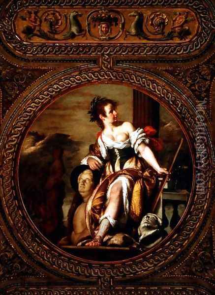Allegory of Sculpture, from the ceiling of the library, 1635 Oil Painting - Bernardo Strozzi