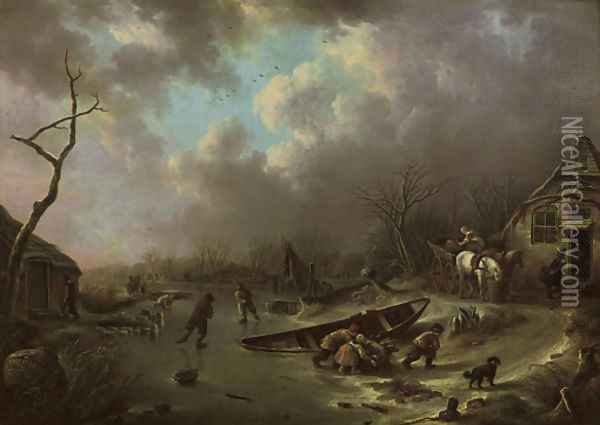 A winter landscape with figures skating on a frozen river Oil Painting - Andries Vermeulen