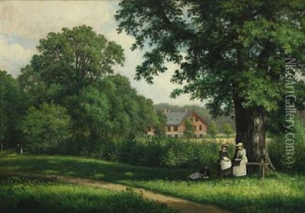 Park Scenery With Young Women On A Bench Oil Painting - Christian Bernh. Severin Berthelsen
