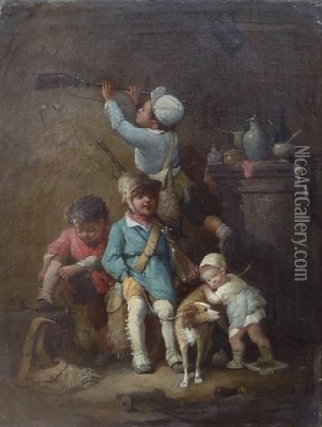 Les Jeunes Enfants Se Preparant Pour La Chasse Oil Painting - Francois-Louis Lanfant