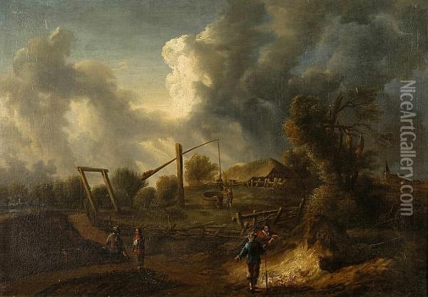 Figures At A Well In An Extensive Landscape Oil Painting - David The Younger Teniers