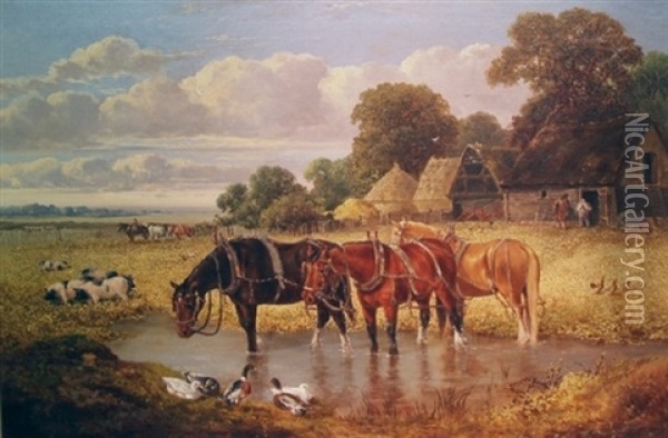 Farmyard Scene With Horses Wading In A Cooling Hole Oil Painting - William Meadows