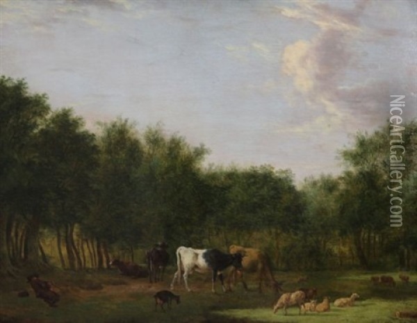 Cattle And Sheep In A Woodland Clearing With A Sleeping Drover Oil Painting - Heinrich Wilhelm Schweickardt