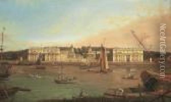 Greenwich Hospital From The North Bank Of The Thames Oil Painting - (Giovanni Antonio Canal) Canaletto