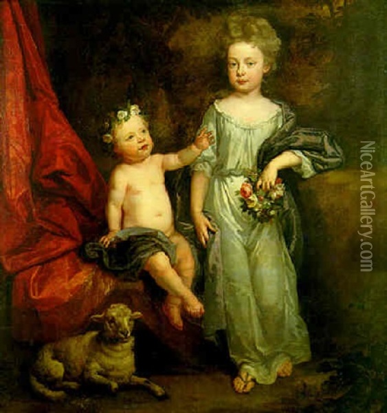 Portrait Of Two Children, The Young Girl Holding A Garland Of Flowers, Her Infant Brother Seated By A Lamb Oil Painting - Sir John Baptist de Medina