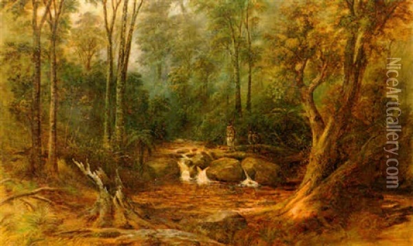 Two Maoris Crossing A River In Woodland Oil Painting - Peter Power