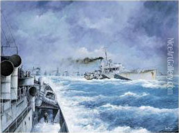 Eyes Of The Convoy, Flower Class Corvette Embarking On The Pick Duty Oil Painting - Adrian Thompson