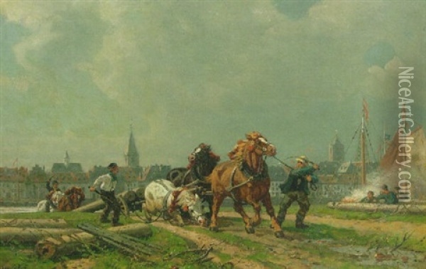 Horses Pulling A Heavy Load On A Sandy Road With Dusseldorf Beyond Oil Painting - Wilhelm Lommen