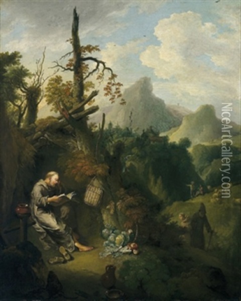 Ein Einsiedler In Einer Bewaldeten Gebirgslandschaft Oil Painting - Christian Wilhelm Ernst Dietrich
