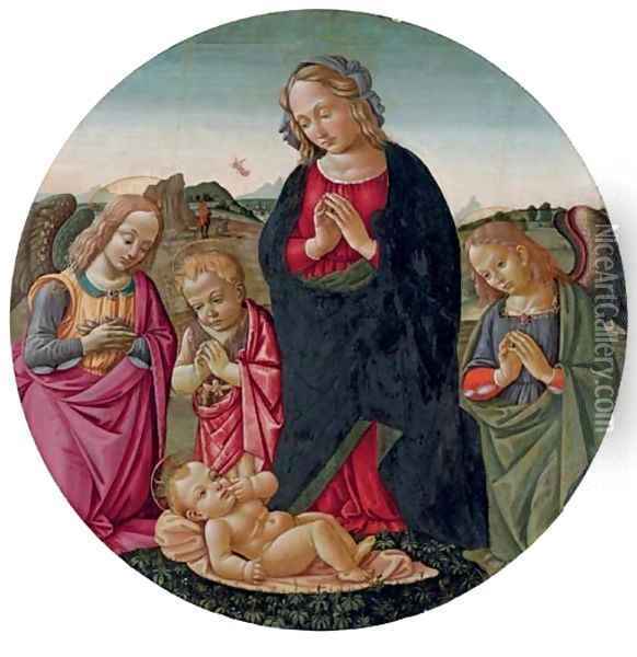 The Virgin with the Infant Saint John the Baptist and angels adoring the Christ Child Oil Painting - Bartolomeo Di Giovanni