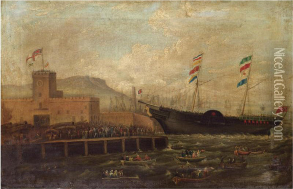 Launch Of The Steamship Aurora , From Belfast Harbour 1839 Oil Painting - Hugh Frazer