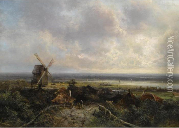 A Windmill In A Panoramic Landscape Oil Painting - Pieter Lodewijk Francisco Kluyver