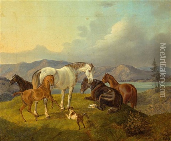 Pferde Auf Der Koppel Vor Seen-/hugellandschaft An Einem Sommertag Oil Painting - Otto Stotz