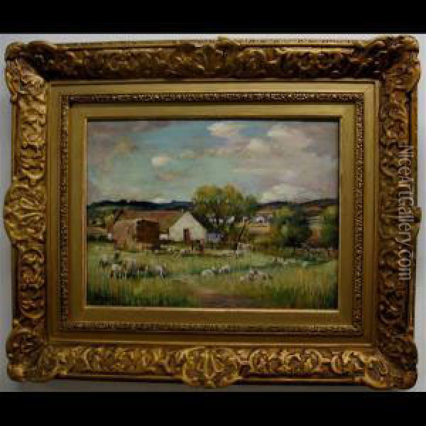 Farmscape With Sheep Oil Painting - Henry Morley