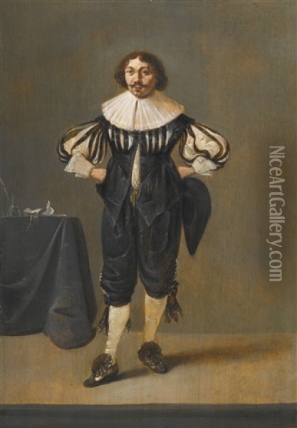 Portrait Of A Man, Full-length, In A Black Slashed Doublet And Breeches And A Ruff, Standing Beside A Table With Writing Implements Oil Painting - Pieter Jansz Quast