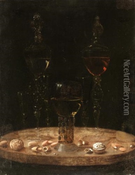 Still Life Of A Roemer With Five Wine Glasses Upon A Table Top Oil Painting - Osias Beert the Elder