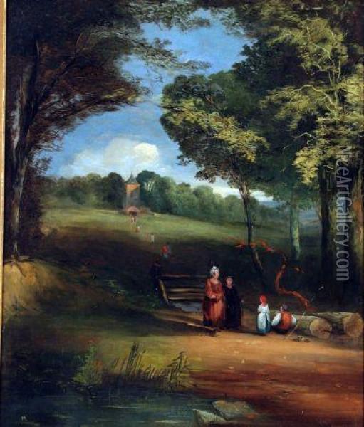 Figures In A Wooded Landscape Oil Painting - Henry Jutsum