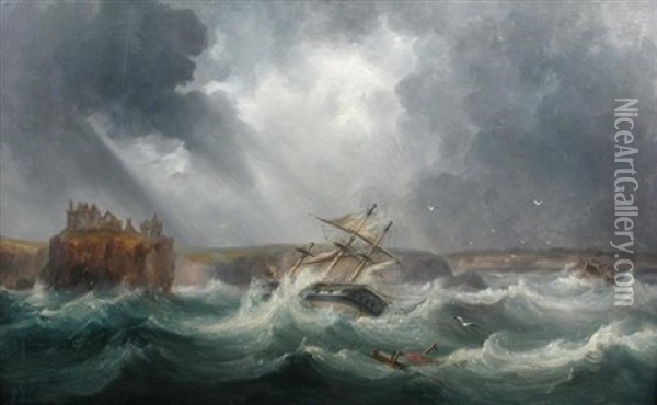 A Ship Going On To The Rocks At Mount's Bay, Cornwall Oil Painting - John Moore Of Ipswich