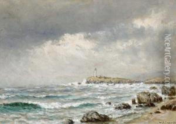 Distant Lighthouse Below Stormy Skies Oil Painting - William Alexander Coulter