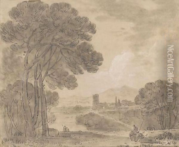 An Italian landscape with figures on a path and a town beyond Oil Painting - Richard Wilson