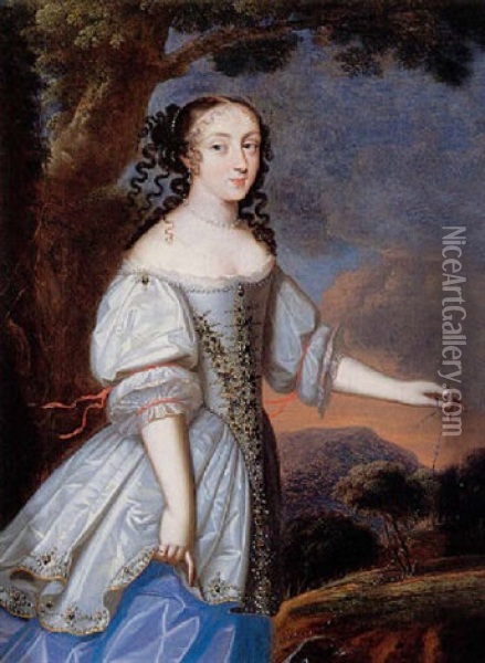 Portrait Of A Lady Wearing A White Silk Dress In A Landscape At Dusk Oil Painting - Charles Beaubrun