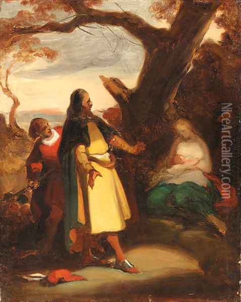 An elegant traveller discovering a woman and child in a landscape--a sketch Oil Painting - Alexandre Evariste Fragonard