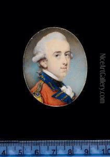 Sir Francis Clarke, Wearing Scarlet Coatee With Blue Facings And Gold Epaulette, Frilled White Chemise And Black Stock, His Powdered Wig Worn En Queue With A Black Ribbon. Oil Painting - Jeremiah Meyer