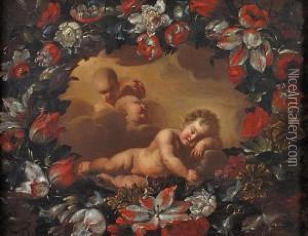 Gesu Bambino Dormiente Con Tre Cherubini, Entroghirlanda Di Fiori Oil Painting - Nicola Malinconico