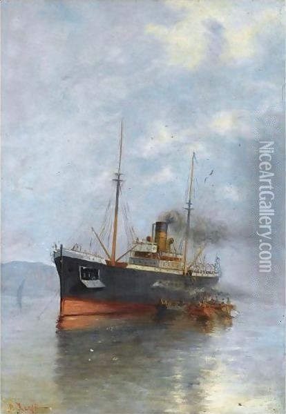 Embarking The Steamship Oil Painting - Vasilios Chatzis
