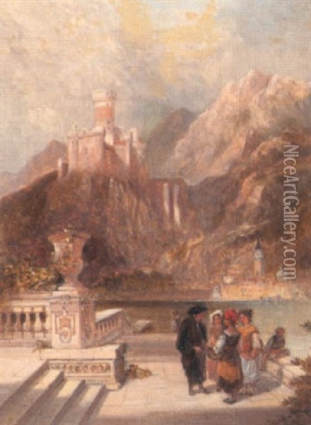 Figures On A Terrace Overlooking An Italian Lake Oil Painting - Alfred Pollentine