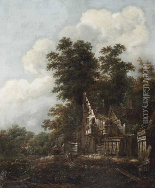 A Wooded Landscape With Figures Outside A Ruinous Cottage Remains Oil Painting - Cornelius Decker