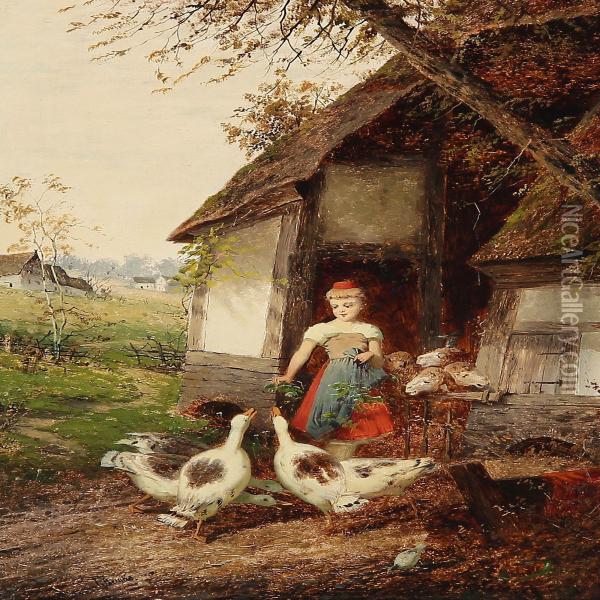 Peasant Girl Feeding The Geese Oil Painting - Fritz Beinke