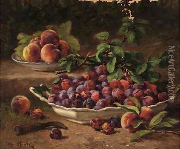 Bowls of plums and peaches in the garden Oil Painting - Eugene Claude