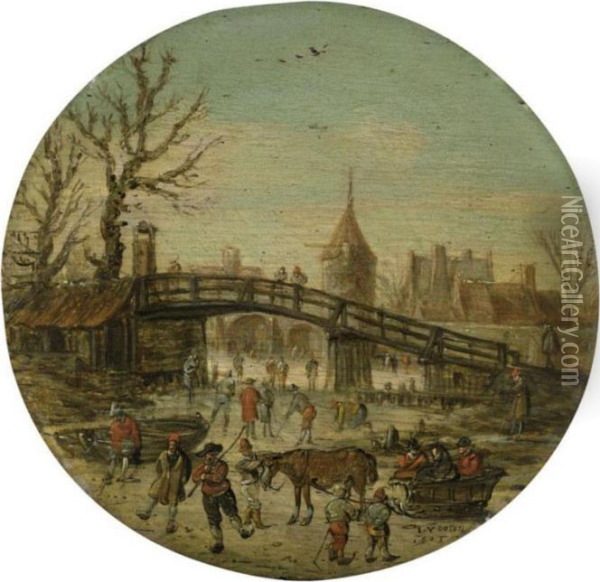 A Winter Landscape With Figures Skating On A Frozen River Before A Bridge, A Town Beyond Oil Painting - Jan van Goyen
