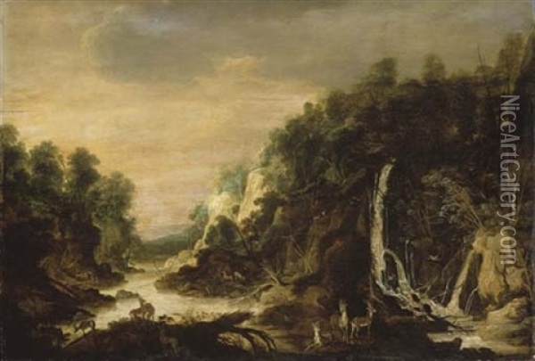 Paysage Avec Cerfs Et Biches Pres D'une Cascade Oil Painting - Philips de Momper the Elder