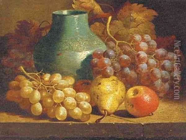 Apples, grapes, a pear and a blue jug on a table Oil Painting - Charles Thomas Bale
