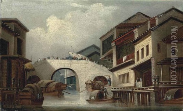 Canal And Bridge At Honam, Canton Oil Painting - George Chinnery