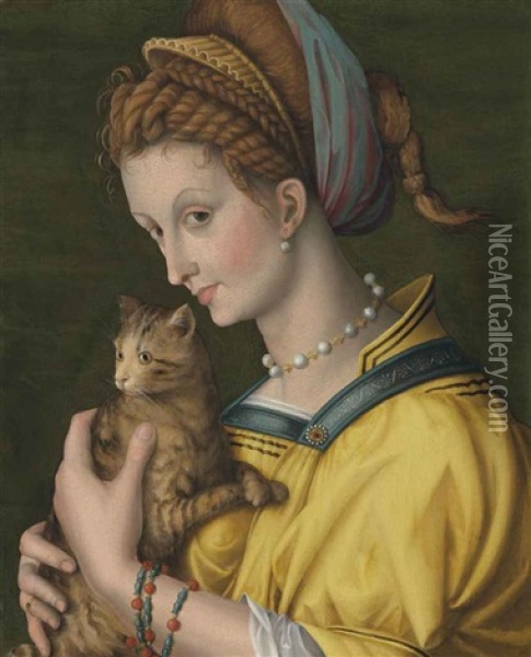 Portrait Of A Young Lady Holding A Cat Oil Painting - Antonio d' Ubertino Verdi