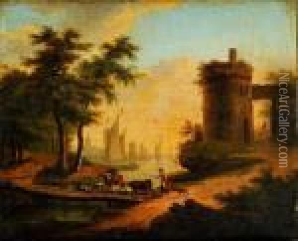 Le Passage Des Animaux Sur Le Petit Pont Sur Fond De Port Oil Painting - Frans Swagers