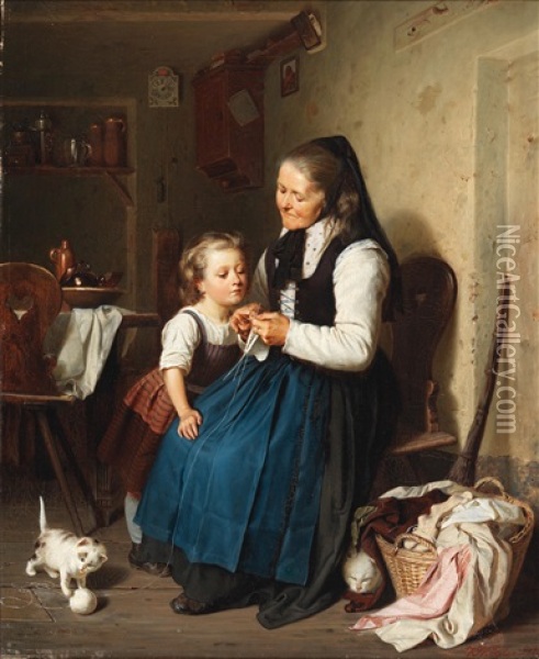 Grandmother Knitting Oil Painting - Karl Kogler