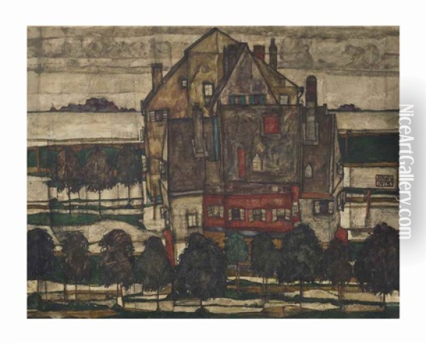 Einzelne Hauser (hauser Mit Bergen) (recto); Monch I (fragment; Verso) Oil Painting - Egon Schiele