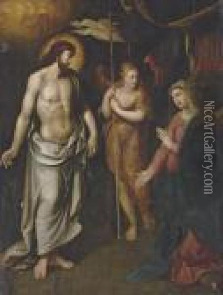 The Risen Christ, With The Angel Of The Resurrection And Thevirgin Oil Painting - Maarten de Vos