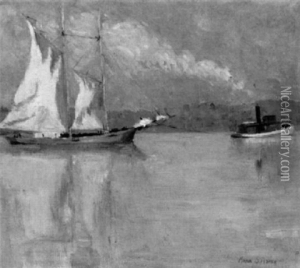 Tugboat Towing A Sailboat Down A River Oil Painting - Anna S. Fisher