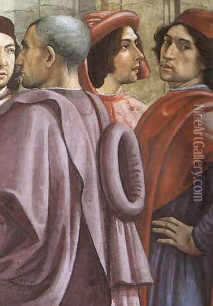 St Francis cycle, Resurrection of the Boy (detail 1, portrait of Ghirlandaio, 2nd from right) Oil Painting - Domenico Ghirlandaio