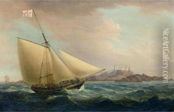 A Trinity House Yacht Off The Coast Oil Painting - Thomas Whitcombe