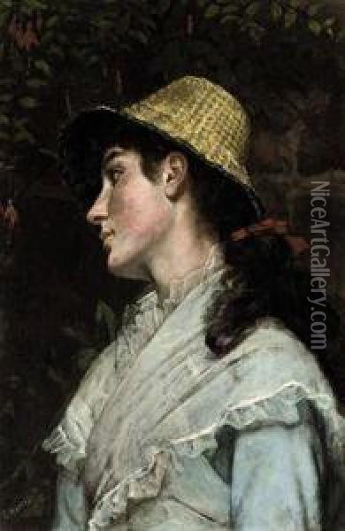Portrait Of A Girl, Bust-length,
 In A Pale Blue Dress With Achiffon Shawl, Wearing A Straw Hat Oil Painting - Edwin Harris