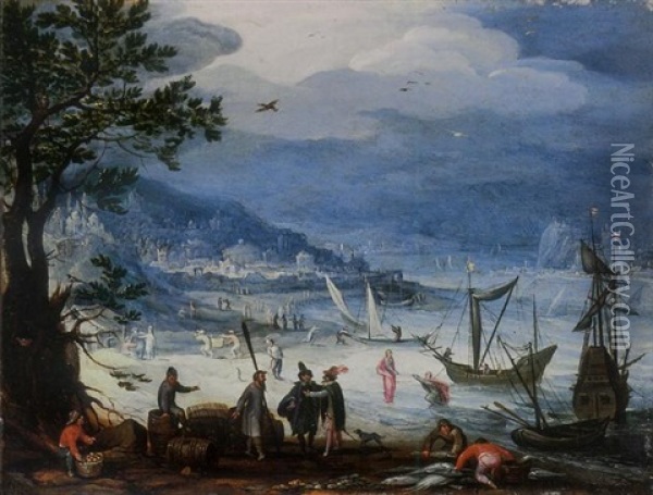A Coastal Landscape With Fishing Boats And Peasants Disembarking, The Calling Of Saint Peter Beyond Oil Painting - Anton Mirou