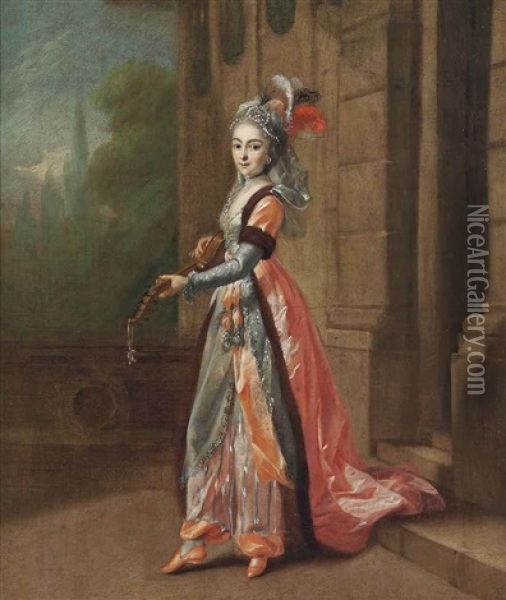 A Lady In A Fur Trimmed Red Costume And Feathered Hat, Playing An Instrument, Standing In A Courtyard Oil Painting - Jean-Frederic Schall