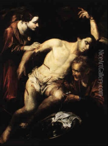 St. Sebastian Tended To By St. Irene And Her Maid Oil Painting - Gioacchino Assereto